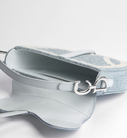 Small Saddle Luxury Handbag With Céleste Blue Oblique Embroidery And White Lace And Strap