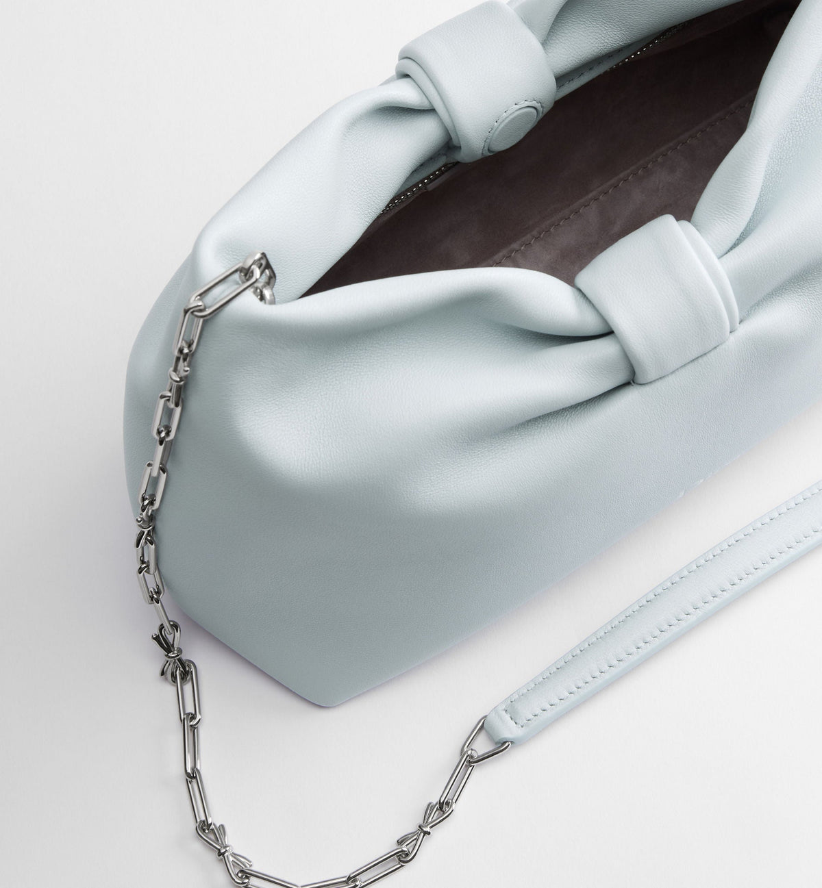 Small Bow Luxury Handbag With Ice Blue Lambskin And Chain Strap