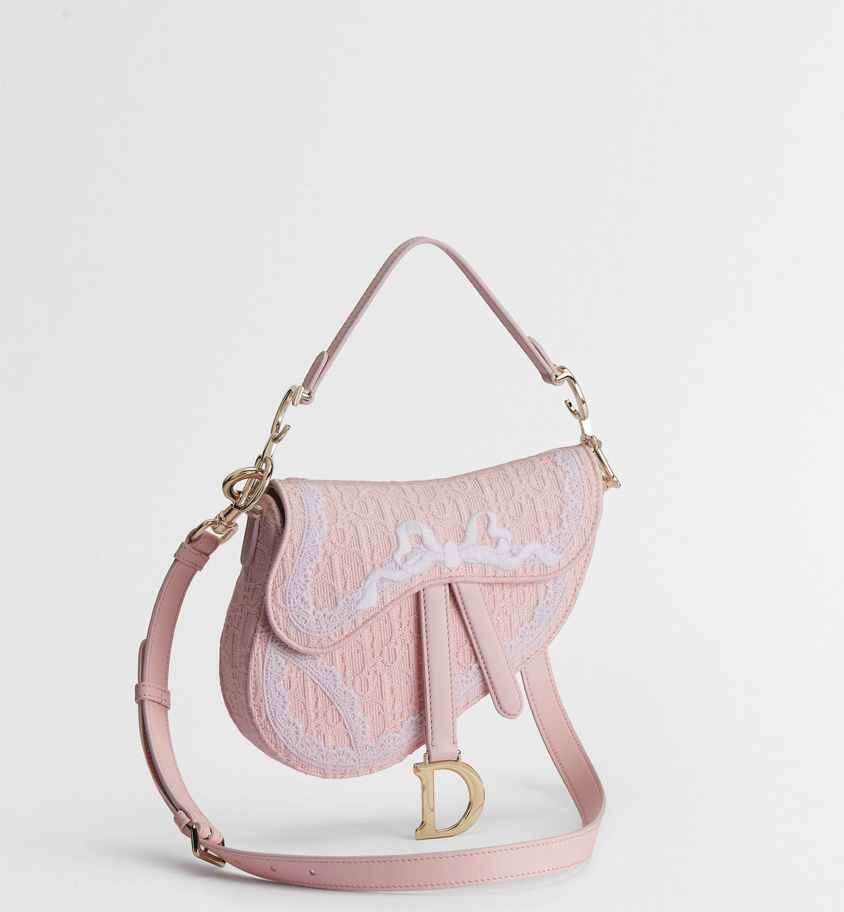 Small Saddle Luxury Handbag With Soupir Pink Oblique Embroidery And White Lace And Strap