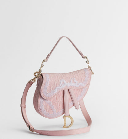 Small Saddle Luxury Handbag With Soupir Pink Oblique Embroidery And White Lace And Strap