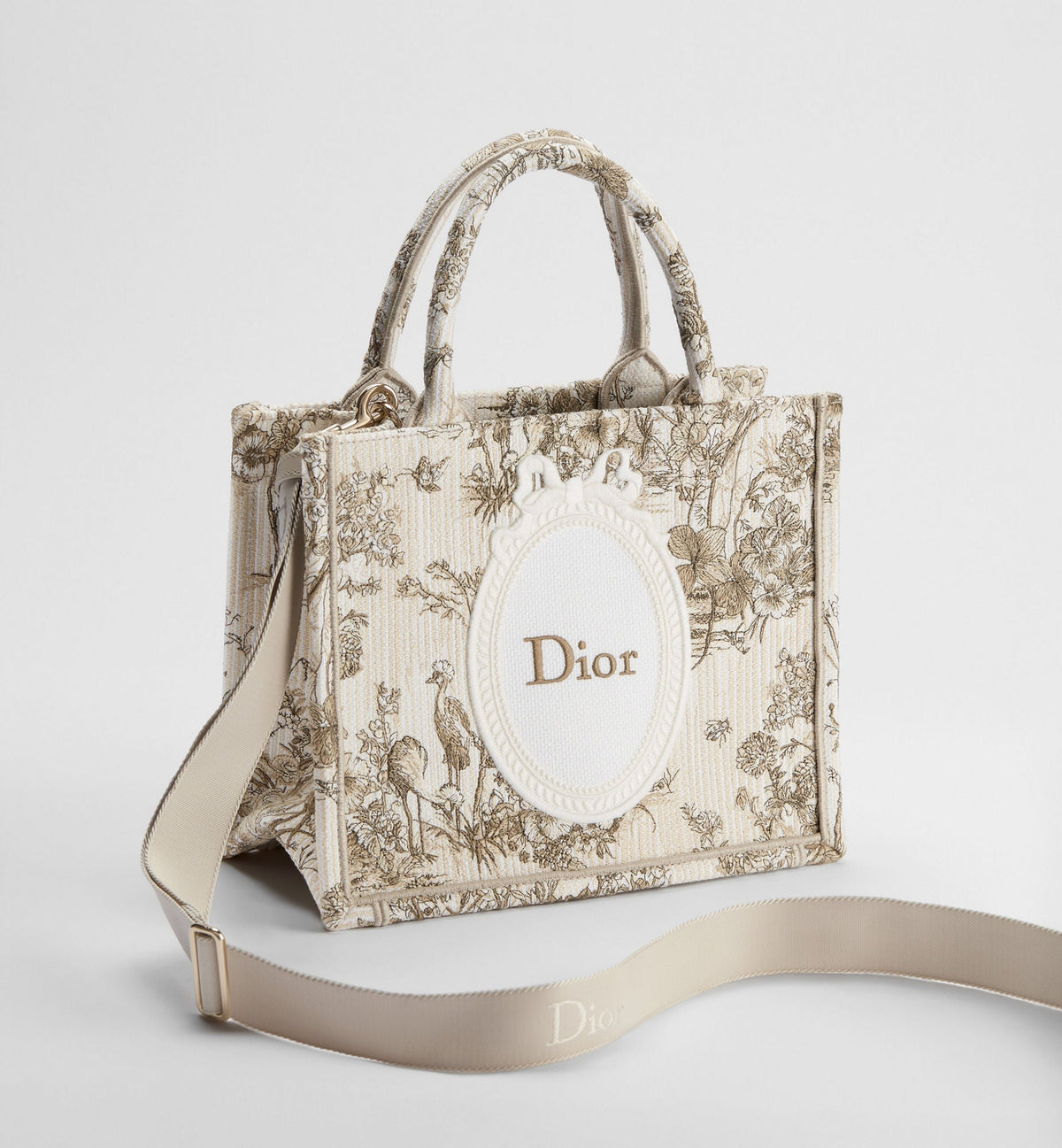 Small Book Designer Tote Bag With Beige Multicolor Toile De Jouy Floral Garden Embroidery And Strap