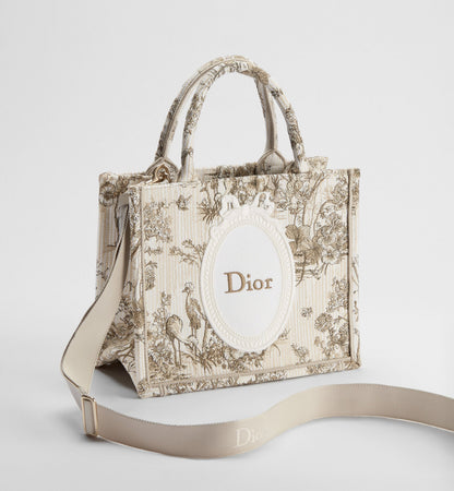 Small Book Designer Tote Bag With Beige Multicolor Toile De Jouy Floral Garden Embroidery And Strap