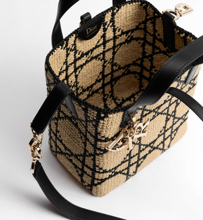 Small Toujours Designer Tote Bag With Macrocannage Raffia And Black Calfskin And Strap