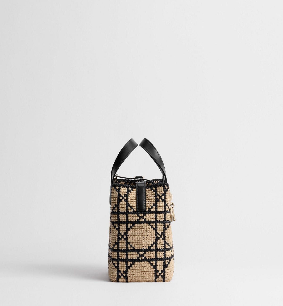 Small Toujours Designer Tote Bag With Macrocannage Raffia And Black Calfskin And Strap