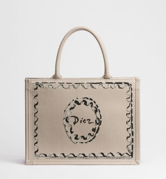 Medium Book Designer Tote Bag With Beige Painted Ribbon Embroidery And Shoulder Strap