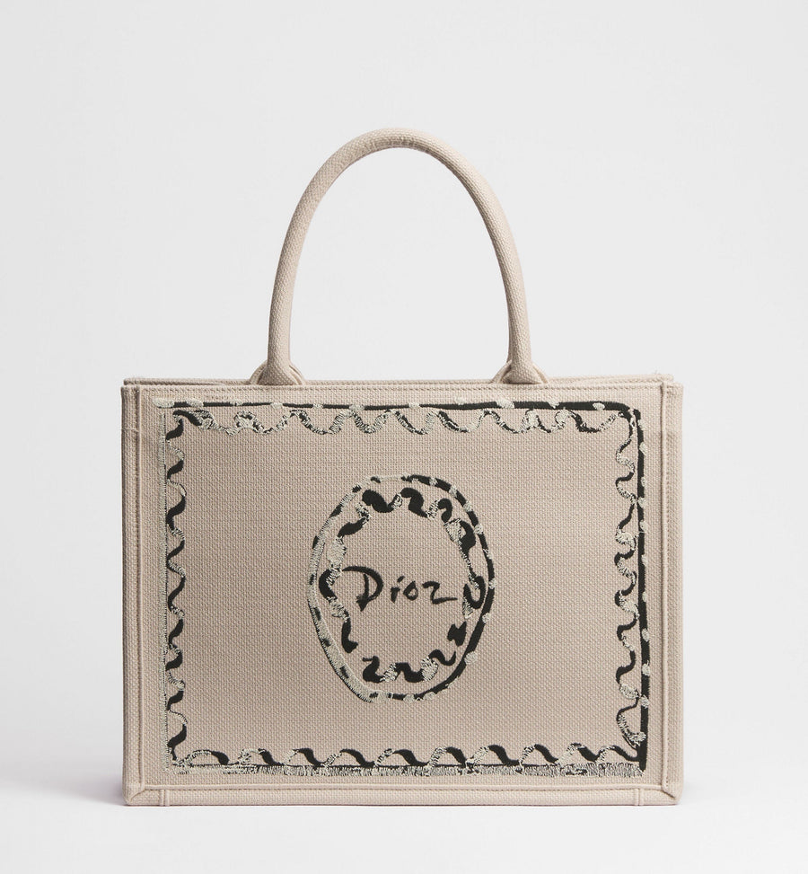 Medium Book Designer Tote Bag With Beige Painted Ribbon Embroidery And Shoulder Strap