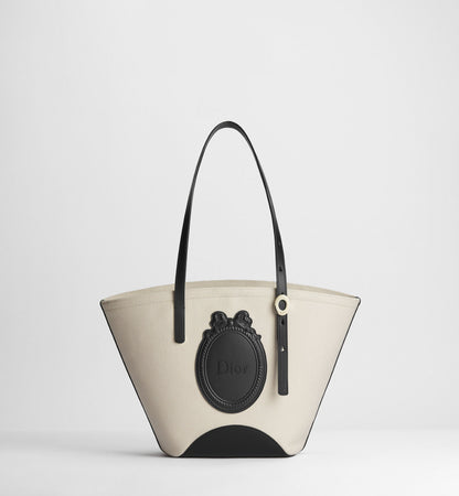 Small Dior Blooming Luxury Handbag With Beige Canvas And Black Calfskin