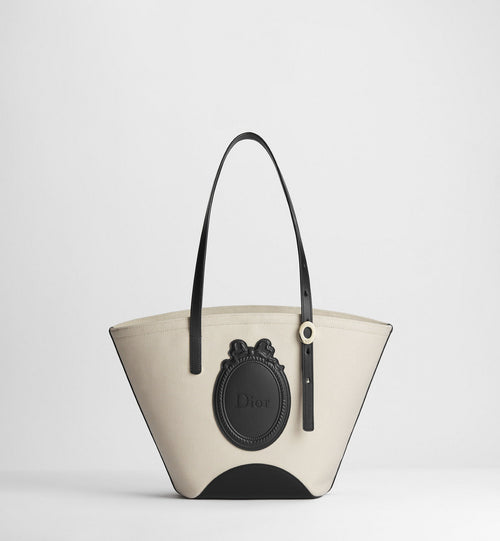 Small Dior Blooming Luxury Handbag With Beige Canvas And Black Calfskin