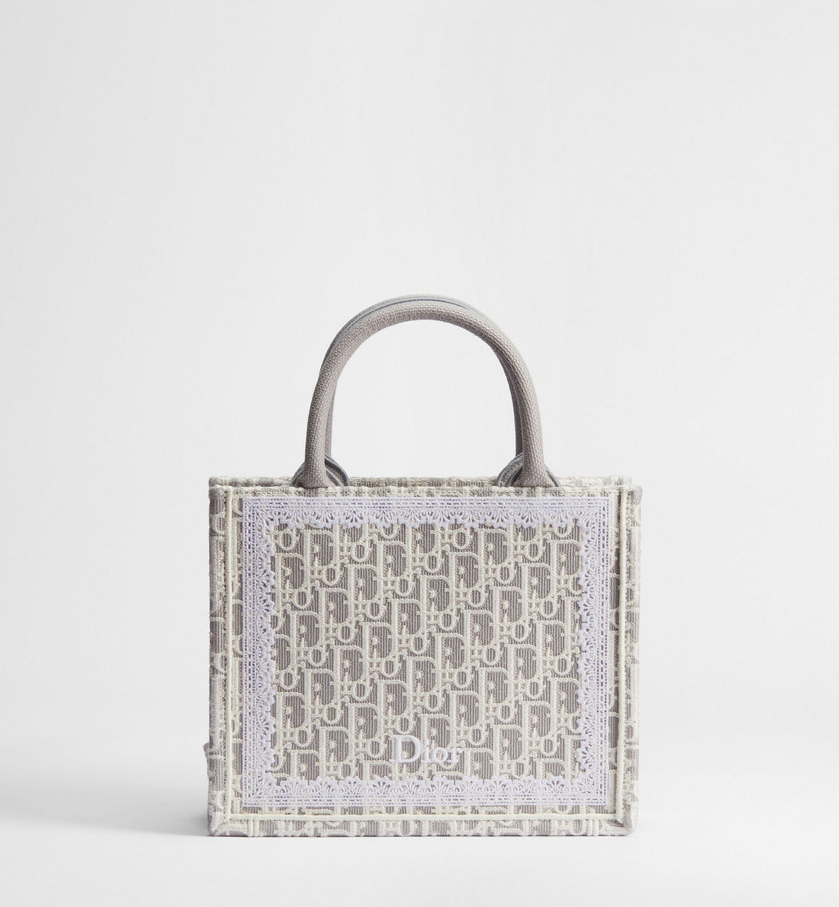 Small Book Designer Tote Bag With Strap In Latte And Gray Oblique Embroidery And White Lace