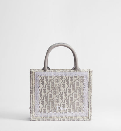 Small Book Designer Tote Bag With Strap In Latte And Gray Oblique Embroidery And White Lace