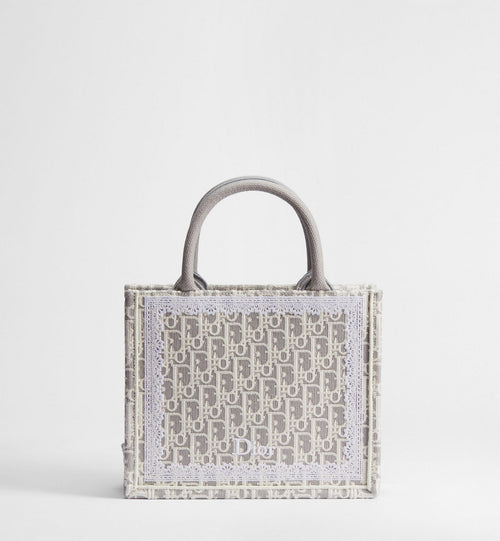 Small Book Designer Tote Bag With Strap In Latte And Gray Oblique Embroidery And White Lace