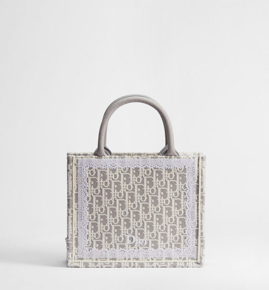 Small Book Designer Tote Bag With Strap In Latte And Gray Oblique Embroidery And White Lace
