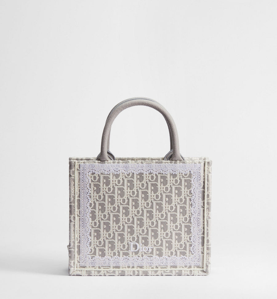 Small Book Designer Tote Bag With Strap In Latte And Gray Oblique Embroidery And White Lace