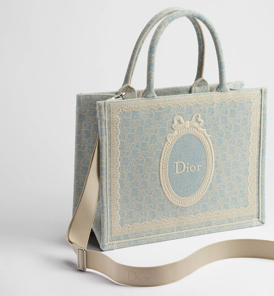Medium Book Designer Tote Bag With Céleste Blue Washed Embroidery And Shoulder Strap