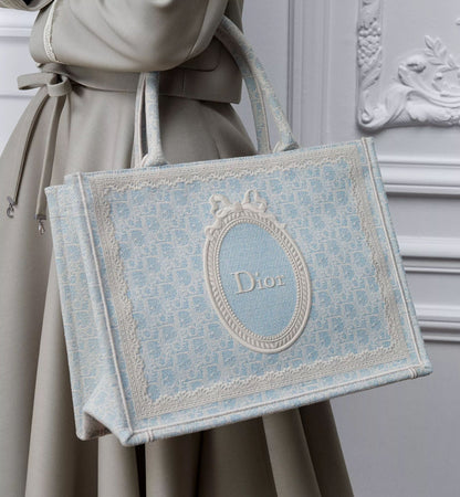 Medium Book Designer Tote Bag With Céleste Blue Washed Embroidery And Shoulder Strap