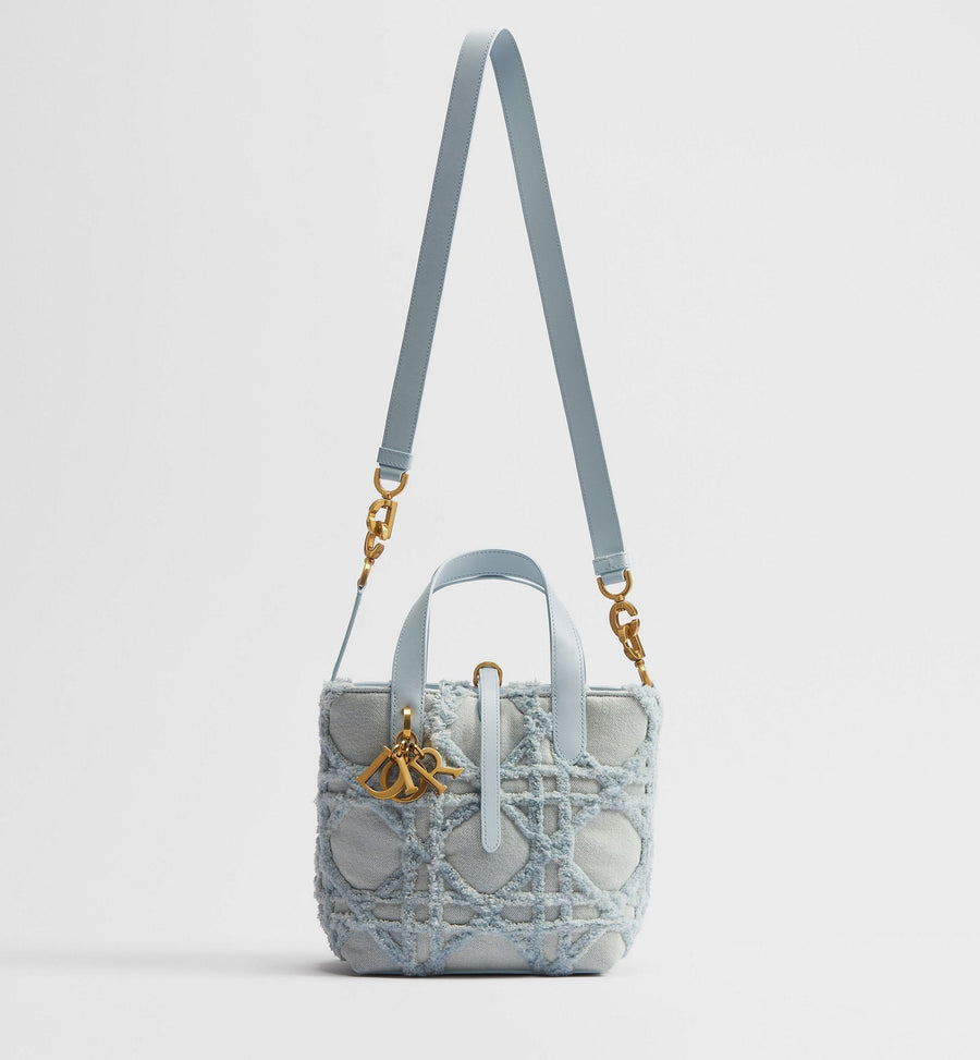 Small Toujours Vertical Designer Shoulder Tote With Blue Cannage Denim And Strap