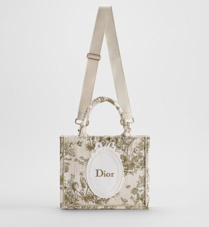 Small Book Designer Tote Bag With Beige Multicolor Toile De Jouy Floral Garden Embroidery And Strap