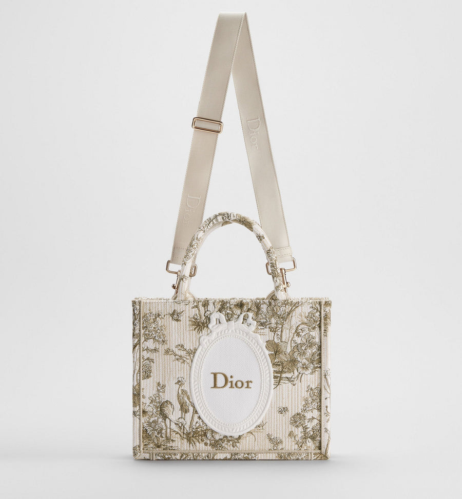 Small Book Designer Tote Bag With Beige Multicolor Toile De Jouy Floral Garden Embroidery And Strap