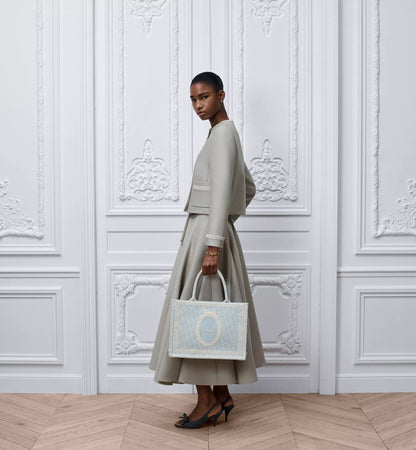 Medium Book Designer Tote Bag With Céleste Blue Washed Embroidery And Shoulder Strap