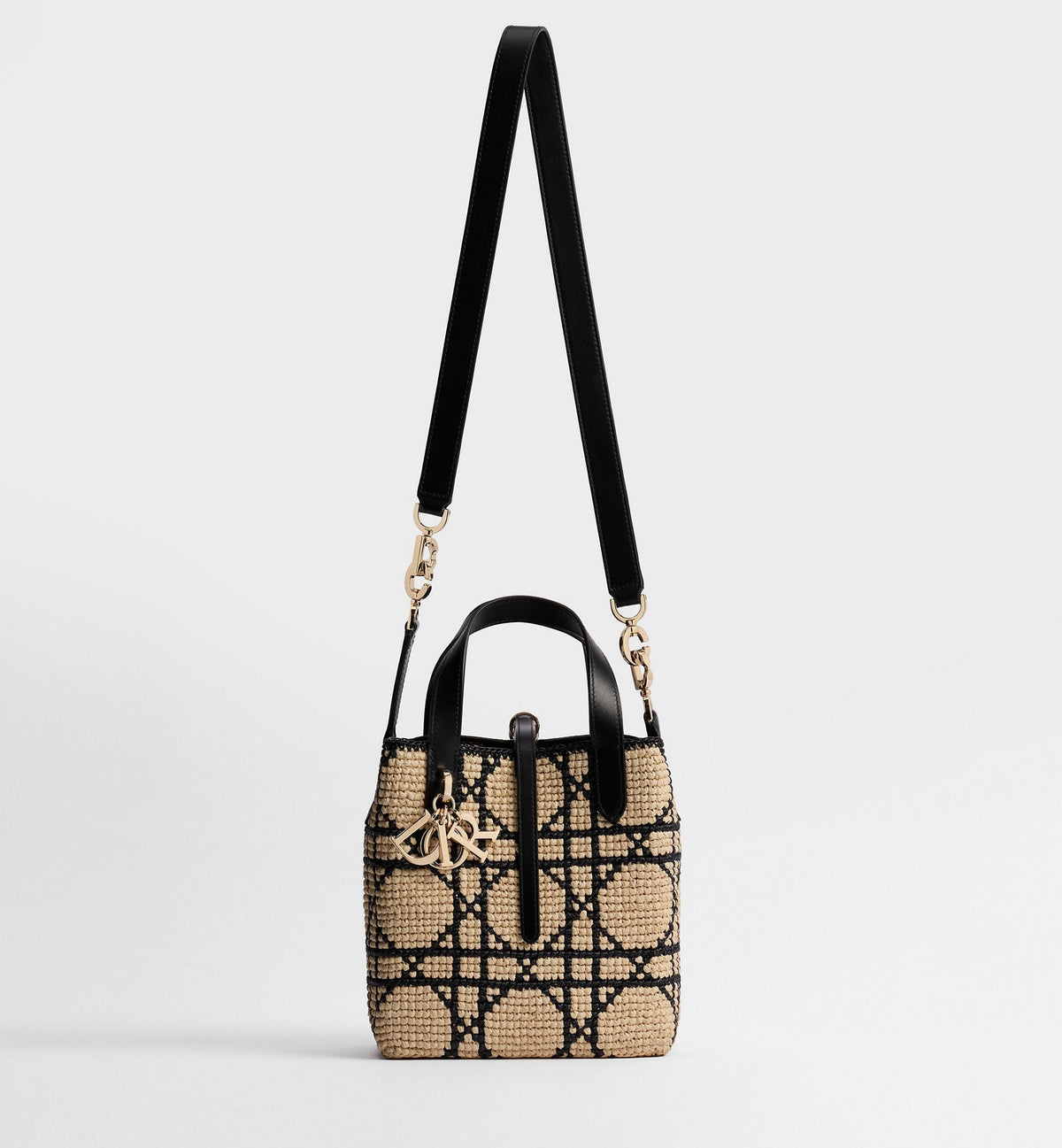 Small Toujours Designer Tote Bag With Macrocannage Raffia And Black Calfskin And Strap