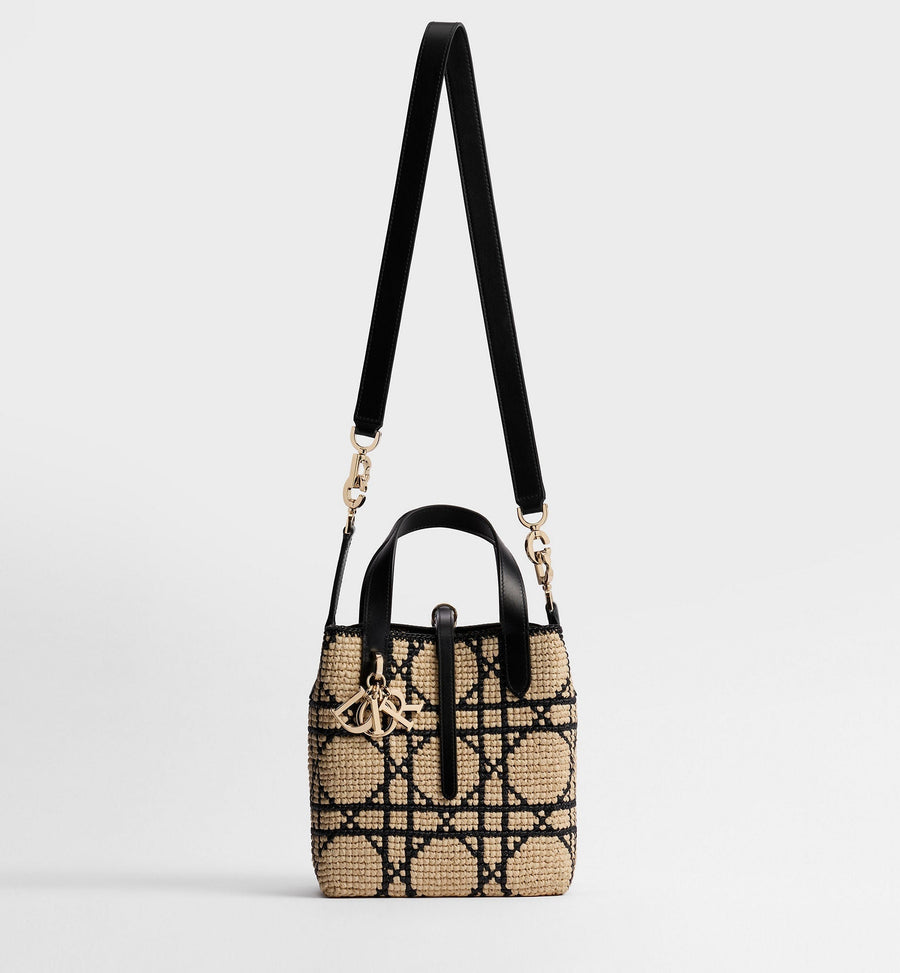 Small Toujours Designer Tote Bag With Macrocannage Raffia And Black Calfskin And Strap