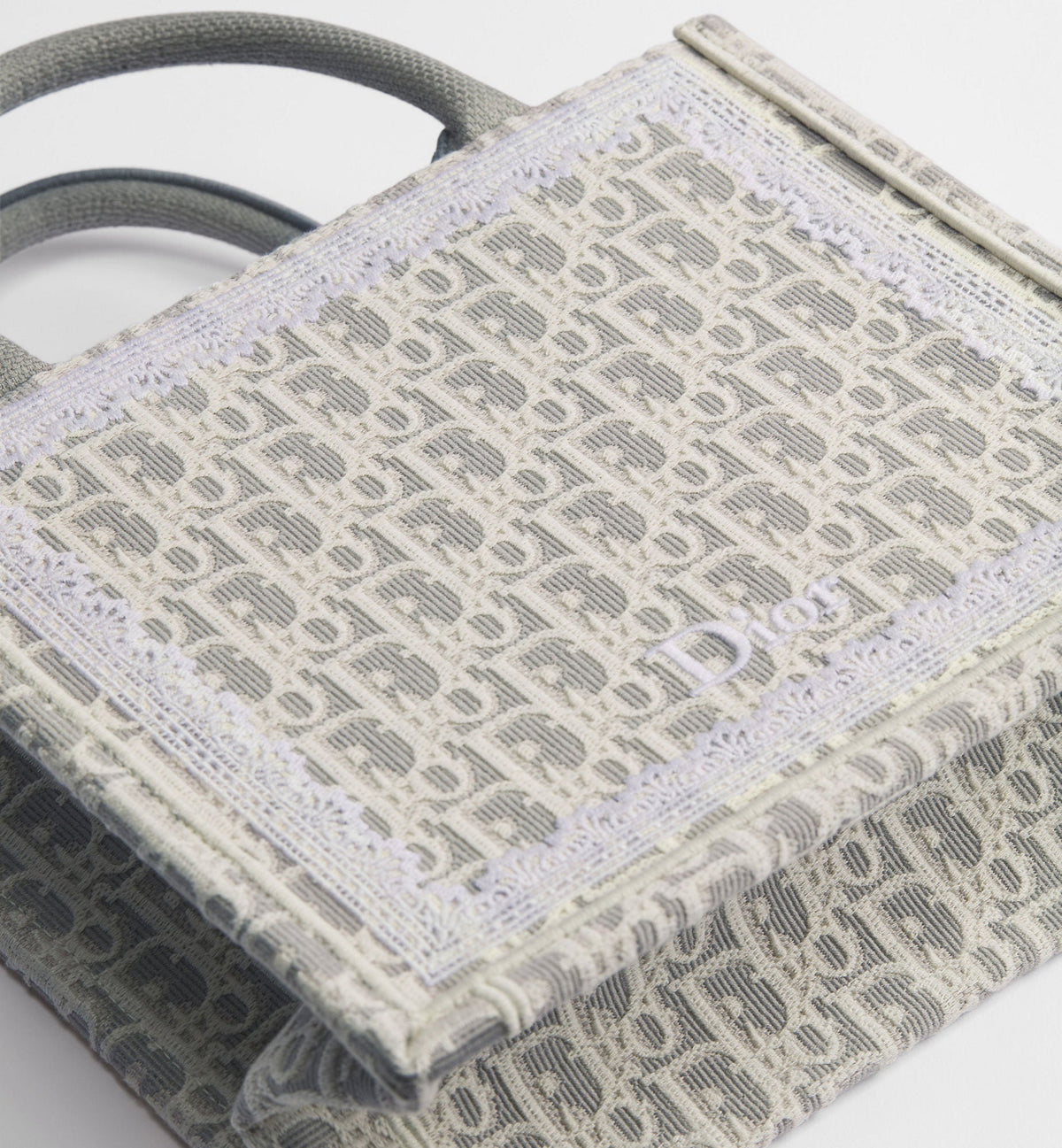 Small Book Designer Tote Bag With Strap In Latte And Gray Oblique Embroidery And White Lace