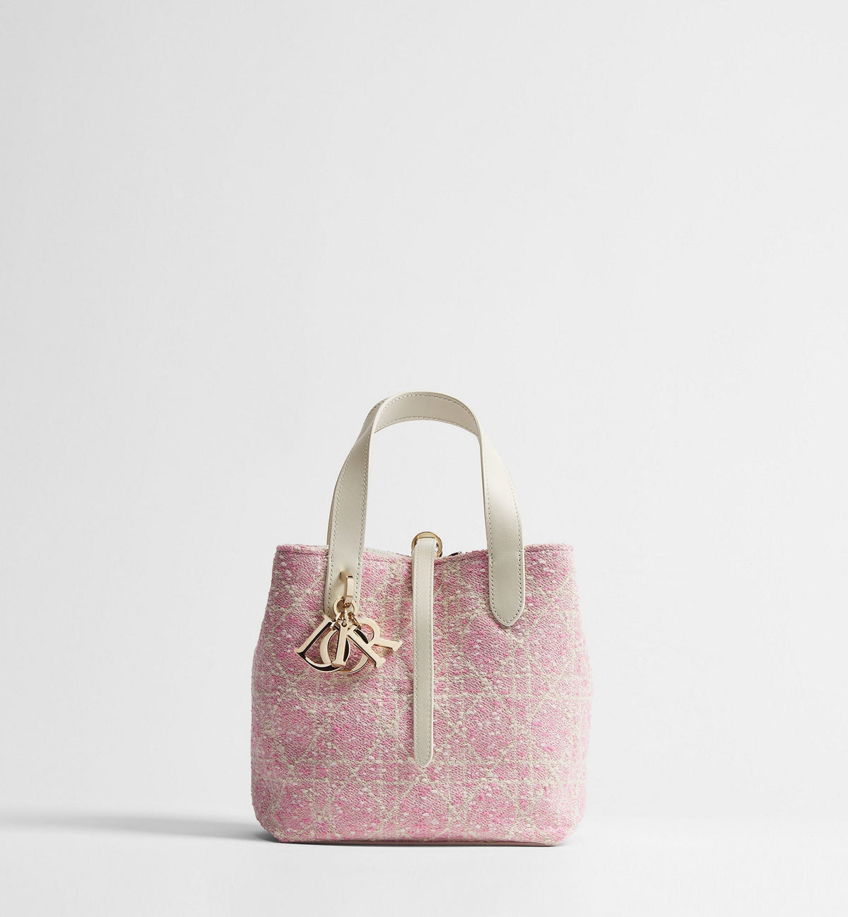 Small Toujours Vertical Designer Shoulder Tote With Pink Tweed And White Cannage Motif And Strap