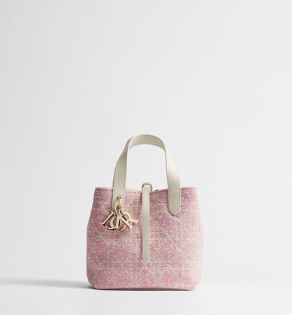 Small Toujours Vertical Designer Shoulder Tote With Pink Tweed And White Cannage Motif And Strap