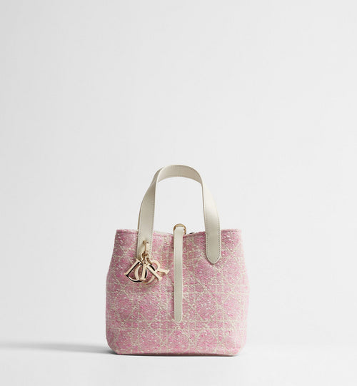 Small Toujours Vertical Designer Shoulder Tote With Pink Tweed And White Cannage Motif And Strap