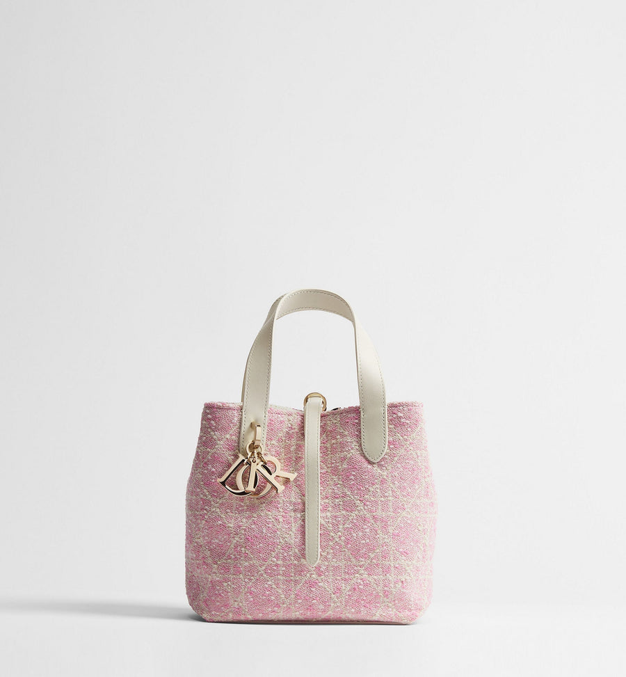 Small Toujours Vertical Designer Shoulder Tote With Pink Tweed And White Cannage Motif And Strap
