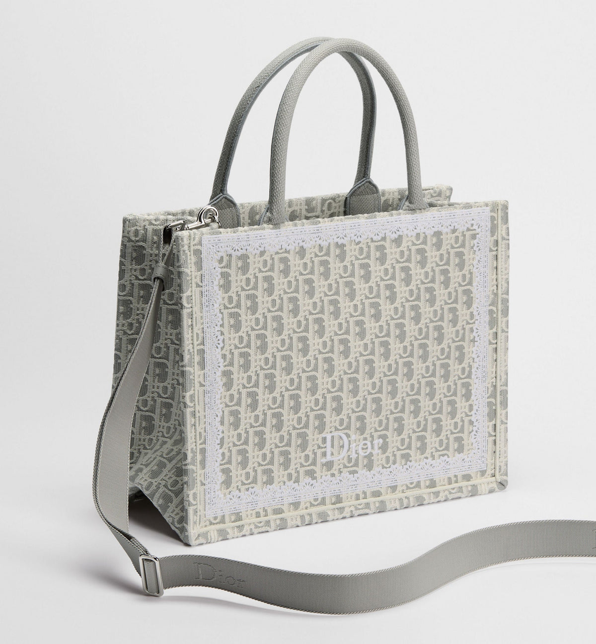 Med Book Designer Tote Bag With Latte & Gray Oblique Embroidery & White Lace & Strap