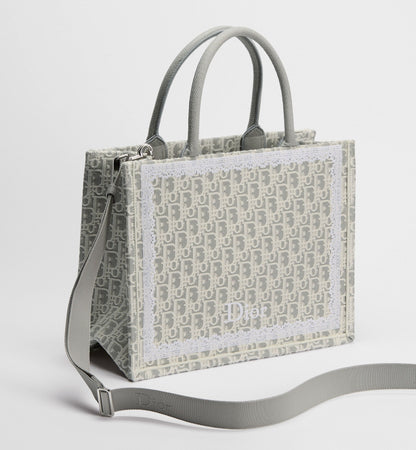Med Book Designer Tote Bag With Latte & Gray Oblique Embroidery & White Lace & Strap