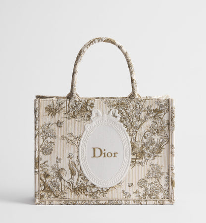 Medium Book Designer Tote Bag With Toile de Jouy Garden Embroidery And Strap