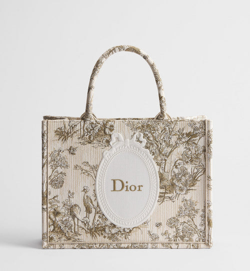 Medium Book Designer Tote Bag With Toile de Jouy Garden Embroidery And Strap
