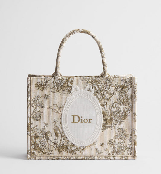Medium Book Designer Tote Bag With Toile de Jouy Garden Embroidery And Strap