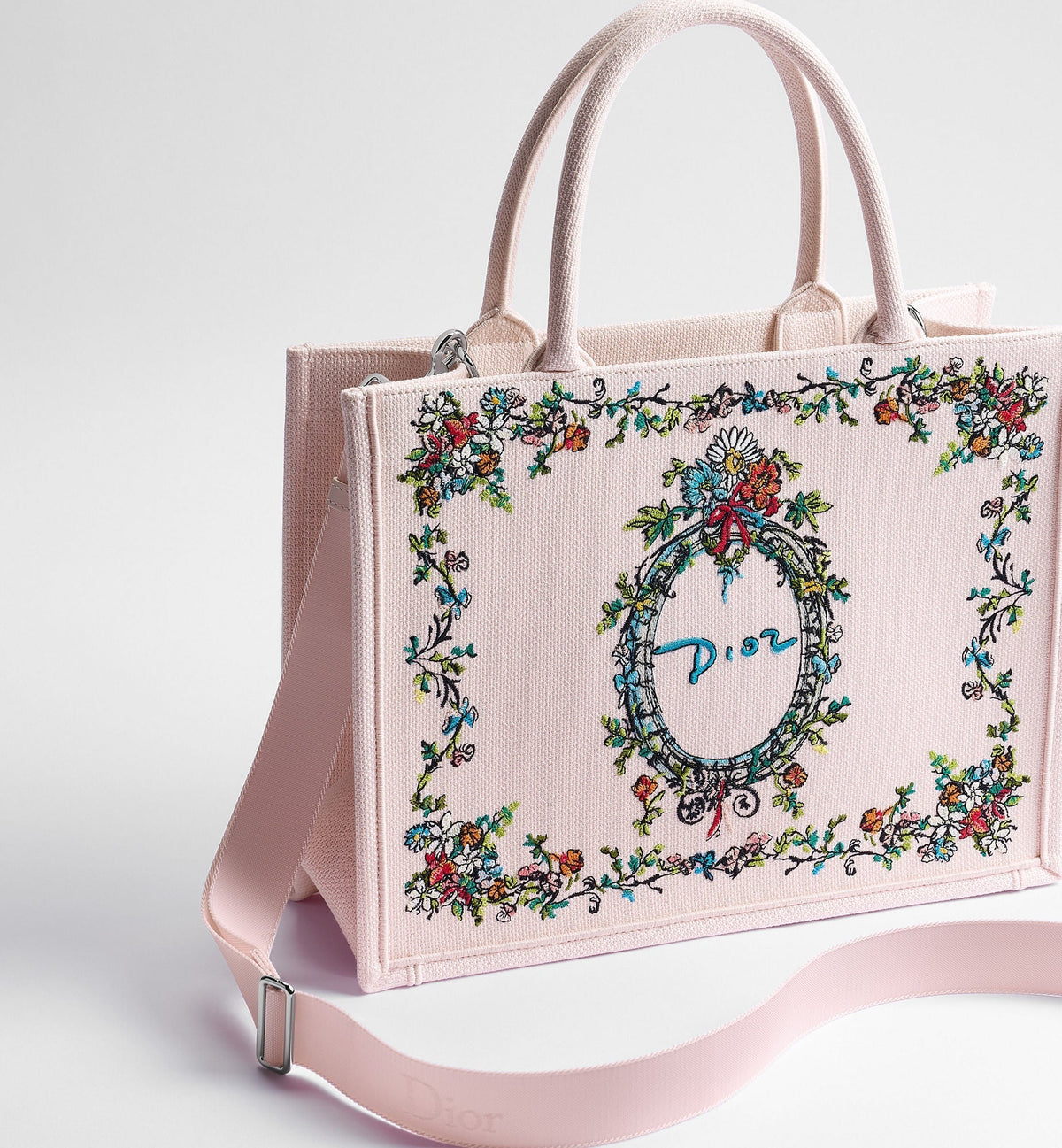 Medium Dior Book Designer Tote Bag With Pink Multicolor Dior Arabesque Embroidery And Strap