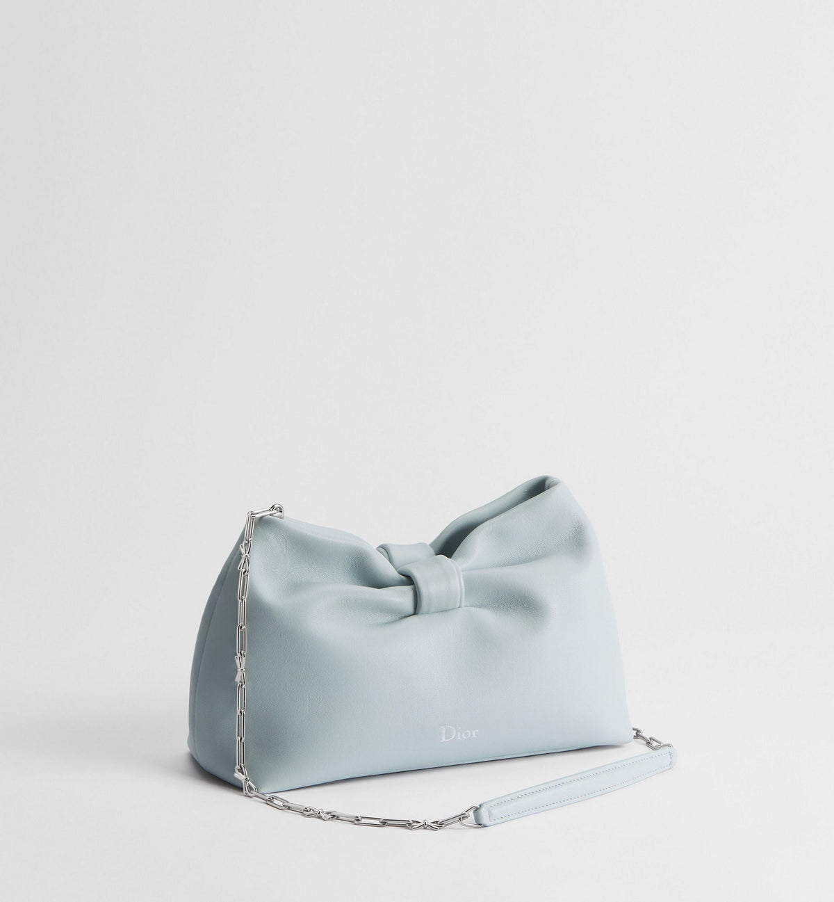 Small Bow Luxury Handbag With Ice Blue Lambskin And Chain Strap