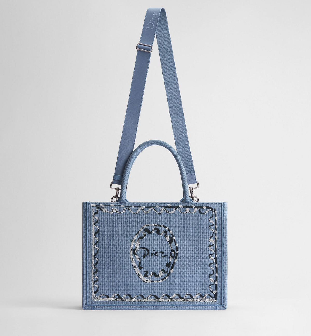 Medium Book Designer Tote Bag With Blue-Greige Painted Ribbon And Shoulder Strap