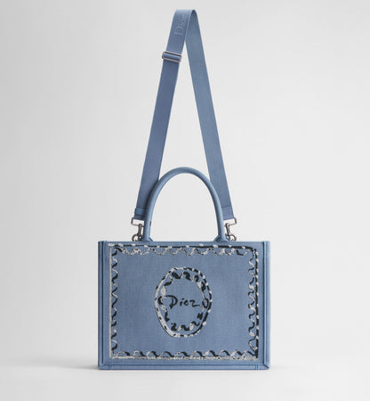 Medium Book Designer Tote Bag With Blue-Greige Painted Ribbon And Shoulder Strap