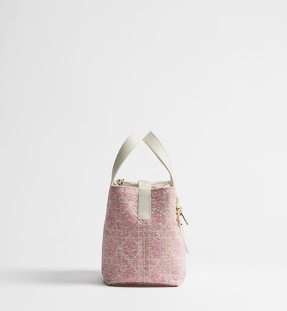 Small Toujours Vertical Designer Shoulder Tote With Pink Tweed And White Cannage Motif And Strap