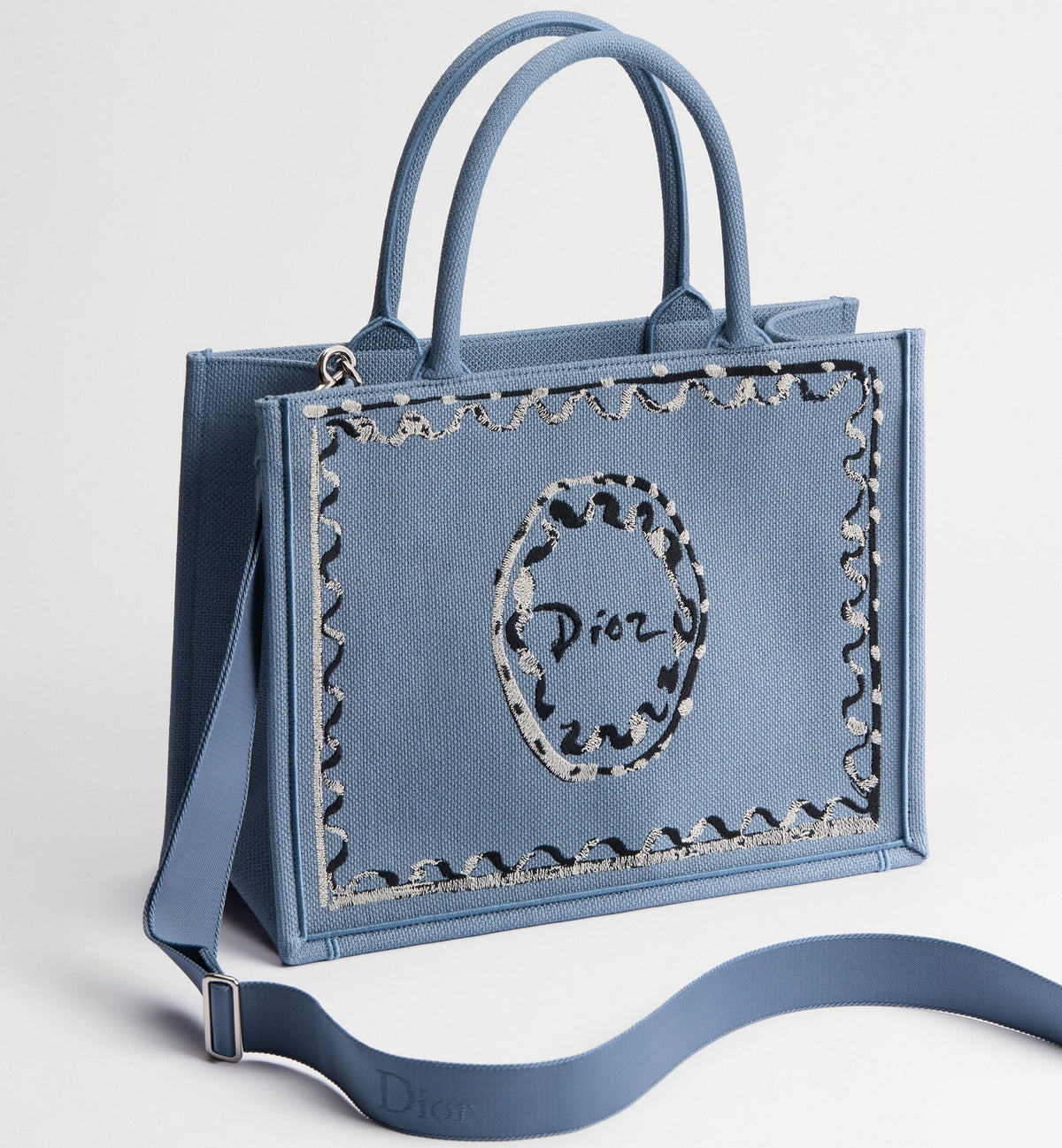 Medium Book Designer Tote Bag With Blue-Greige Painted Ribbon And Shoulder Strap