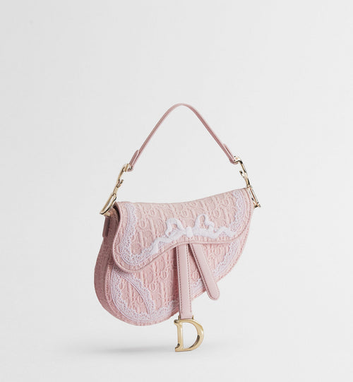 Small Saddle Luxury Handbag With Soupir Pink Oblique Embroidery And White Lace And Strap