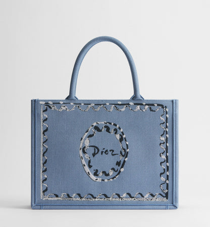 Medium Book Designer Tote Bag With Blue-Greige Painted Ribbon And Shoulder Strap