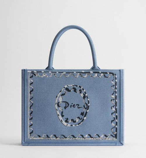 Medium Book Designer Tote Bag With Blue-Greige Painted Ribbon And Shoulder Strap