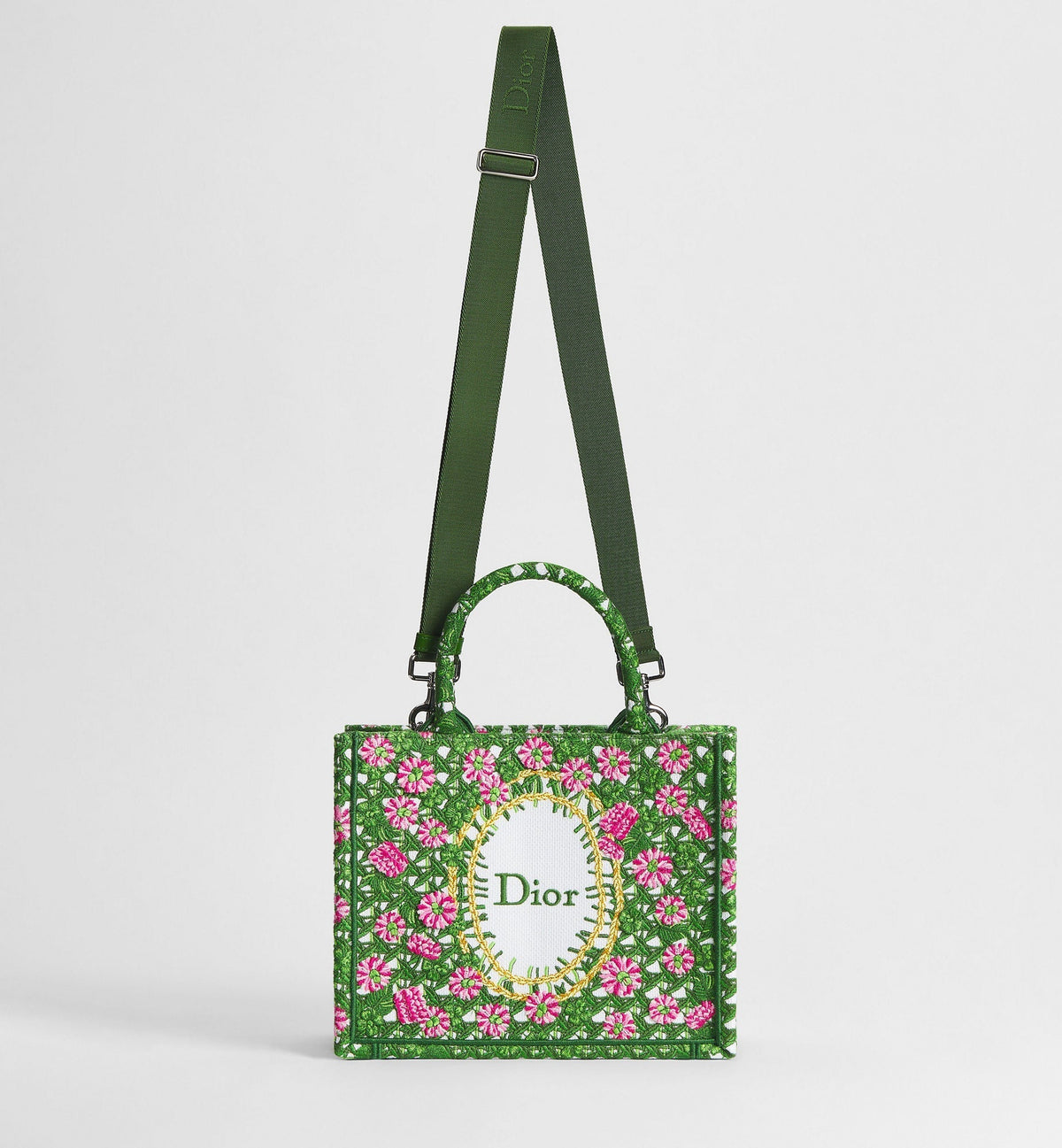 Small Book Designer Tote Bag With Multicolor Cannage Garden Embroidery And Strap