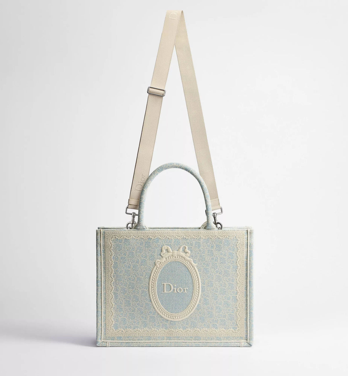 Medium Book Designer Tote Bag With Céleste Blue Washed Embroidery And Shoulder Strap