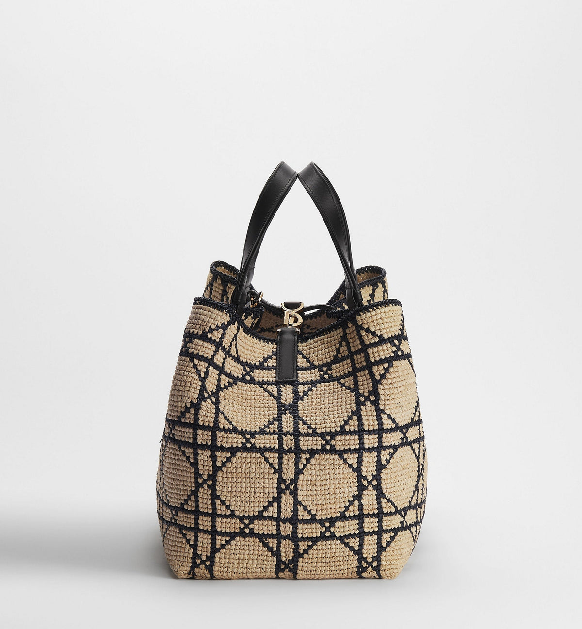 Large Toujours Luxury Handbag With Natural and Black Macrocannage Raffia and Black Calfskin