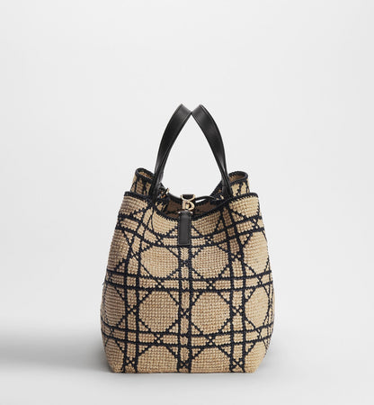 Large Toujours Luxury Handbag With Natural and Black Macrocannage Raffia and Black Calfskin