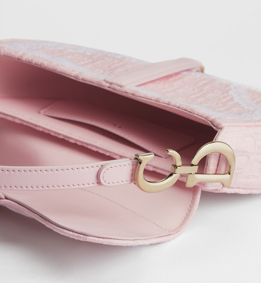 Small Saddle Luxury Handbag With Soupir Pink Oblique Embroidery And White Lace And Strap