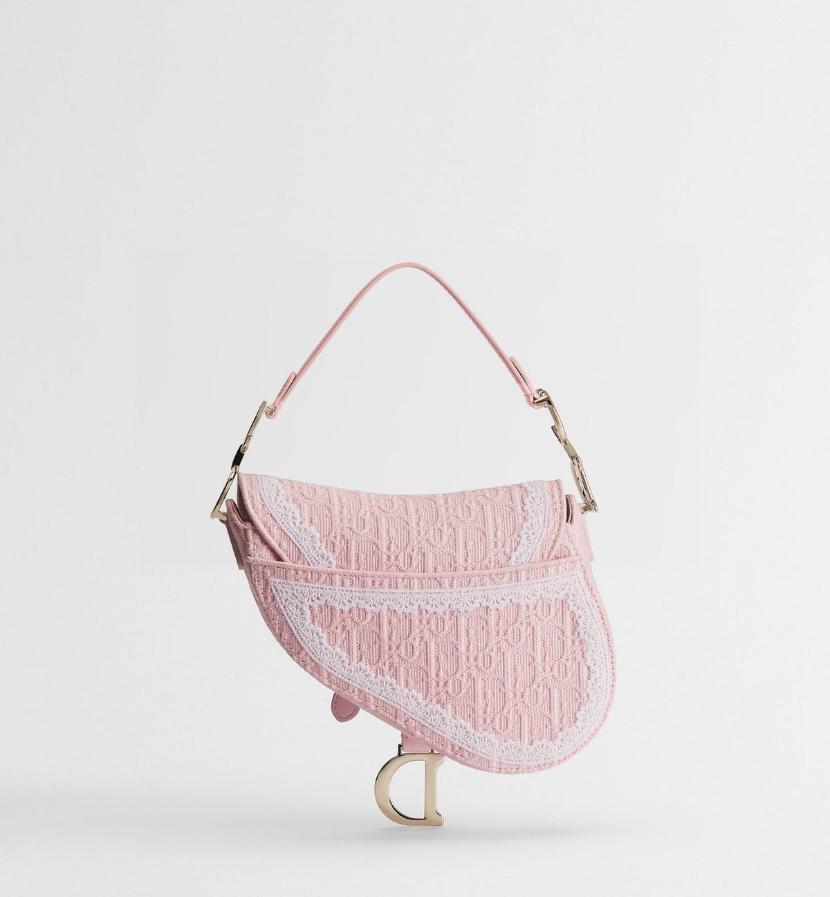 Small Saddle Luxury Handbag With Soupir Pink Oblique Embroidery And White Lace And Strap